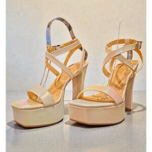 Iridescent Pearl Platform High Heel Strappy Sandals With Ankle Buckle